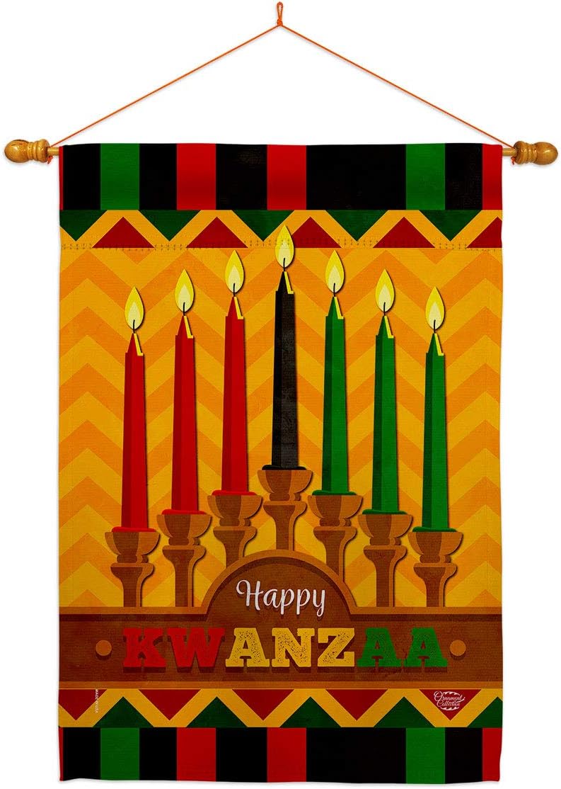Kwanzaa Happy Holiday House Flag Winter Kinara Candles Celebrates African Americans Heritage Small Decorative Gift Yard Banner Double-Sided Made in USA 28 X 40