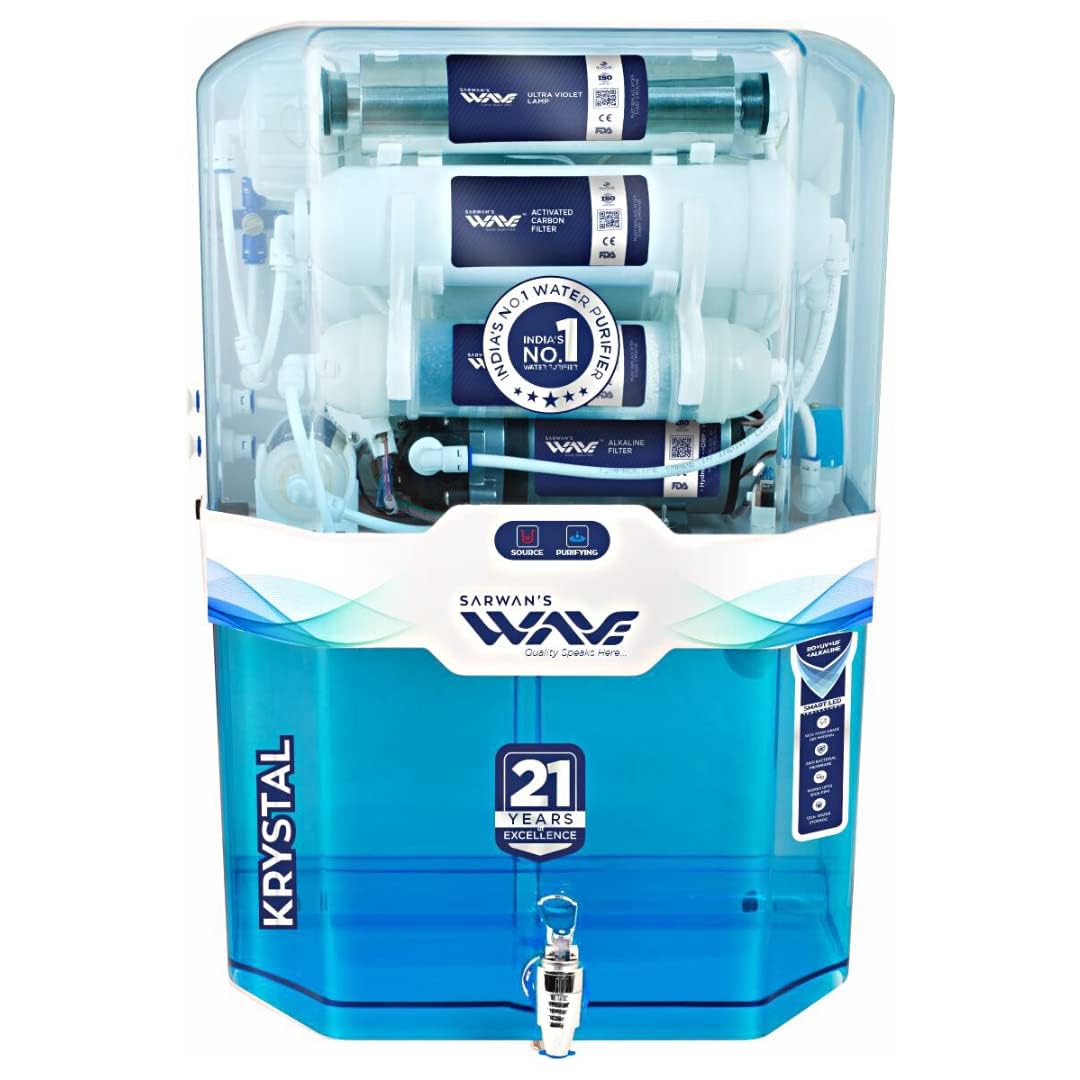 RO Wave Krystal Domestic Water Purifier (RO+ UV+ UF+ ALKALINE COPPER+ HYDROGEN ORC MINERALS+ LPS+ TDS CONTROL+ LED INDICATOR) Wall Mounted 13 Liters Storage Capacity (BLUE TRANSPARENT)-image-44