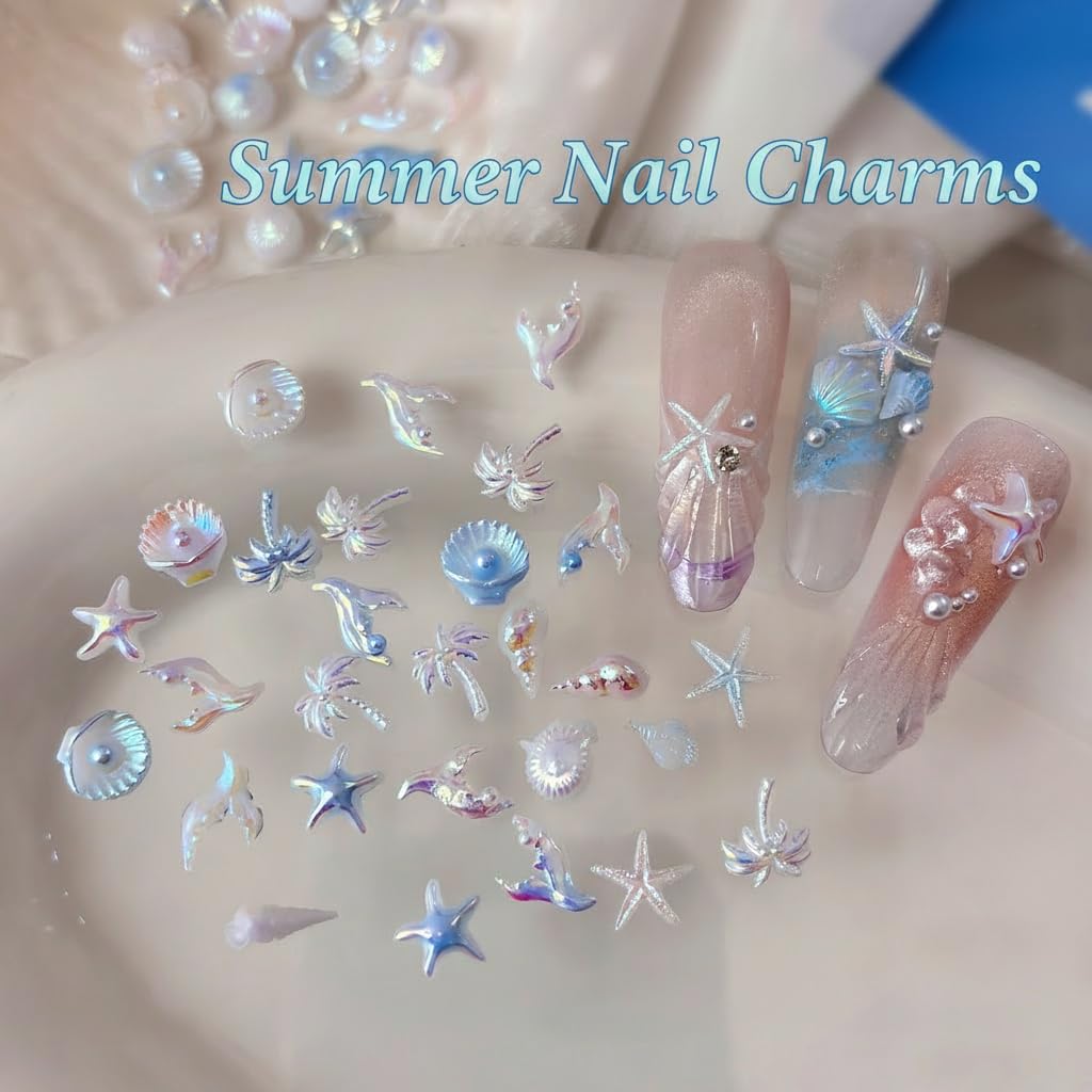 Nail Charms, 2Boxes Aurora Ocean Nail Gems Charms, 3D Resin Laser Blue Pink Mermaid Palm Tree Seashell Starfish Summer Charms for Acrylic Nail Art Alloy Nail Rhinestones for Women DIY Accessories