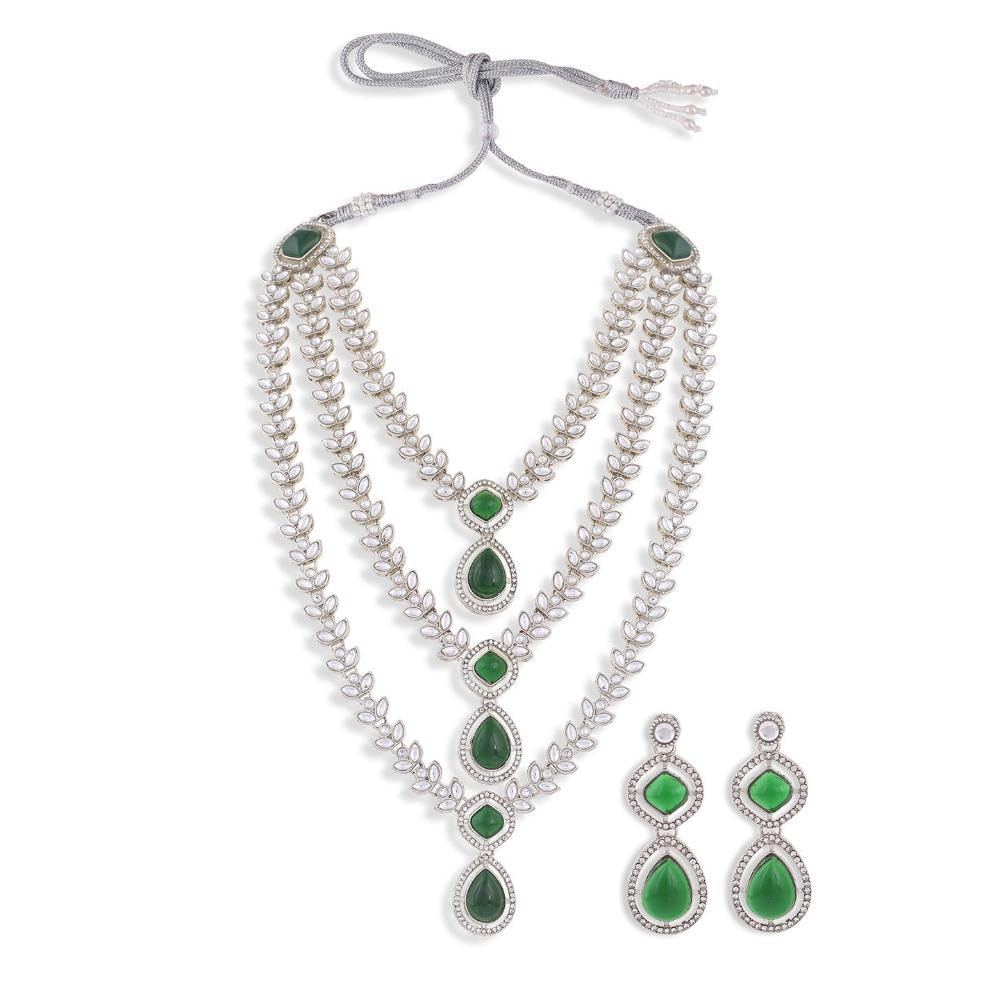 American Diamond Necklace and Earrings Set | Brass Base Grey Finish Jewellery | Stone Studded Necklace Earrings Set-image-42
