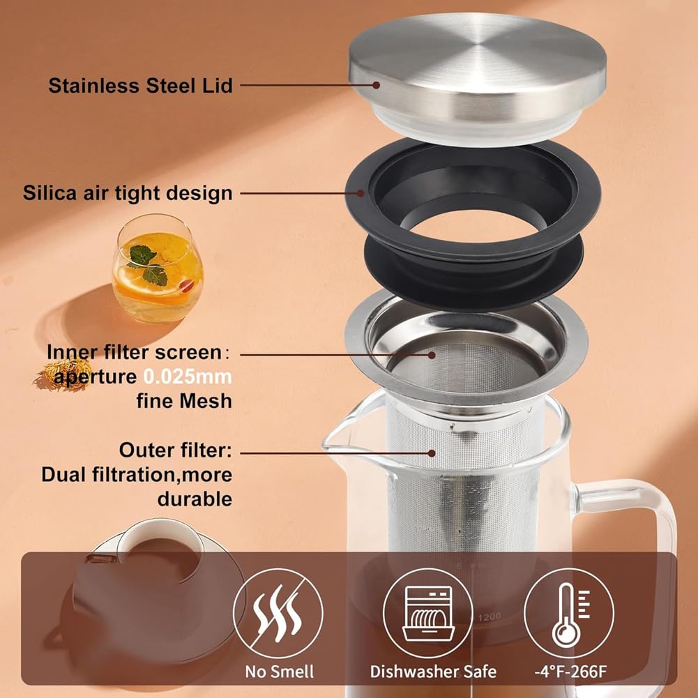 Cold Brew Macchina da caffè 36OZ in vetro e acciaio con filtro a rete fine a doppio strato