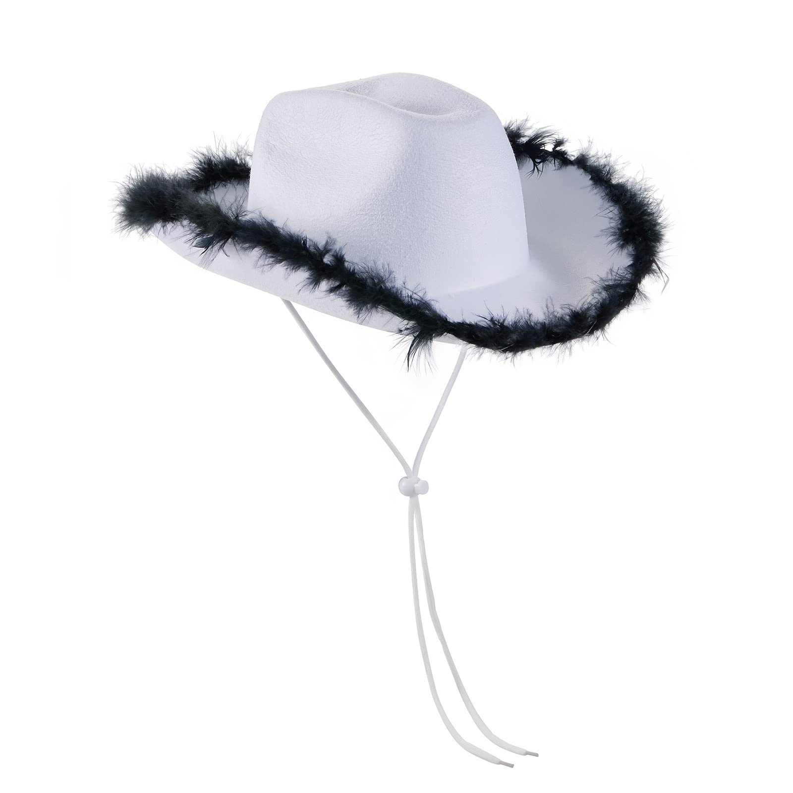 Yoisdtxc Cowboy Hat for Women, Pink Cowboy Hat with Fluffy Feather Brim, Cowgirl Fancy Dress Hats for Halloween, Carnival, Role Play, Cosplay, Birthday Party Accessory(White-4)