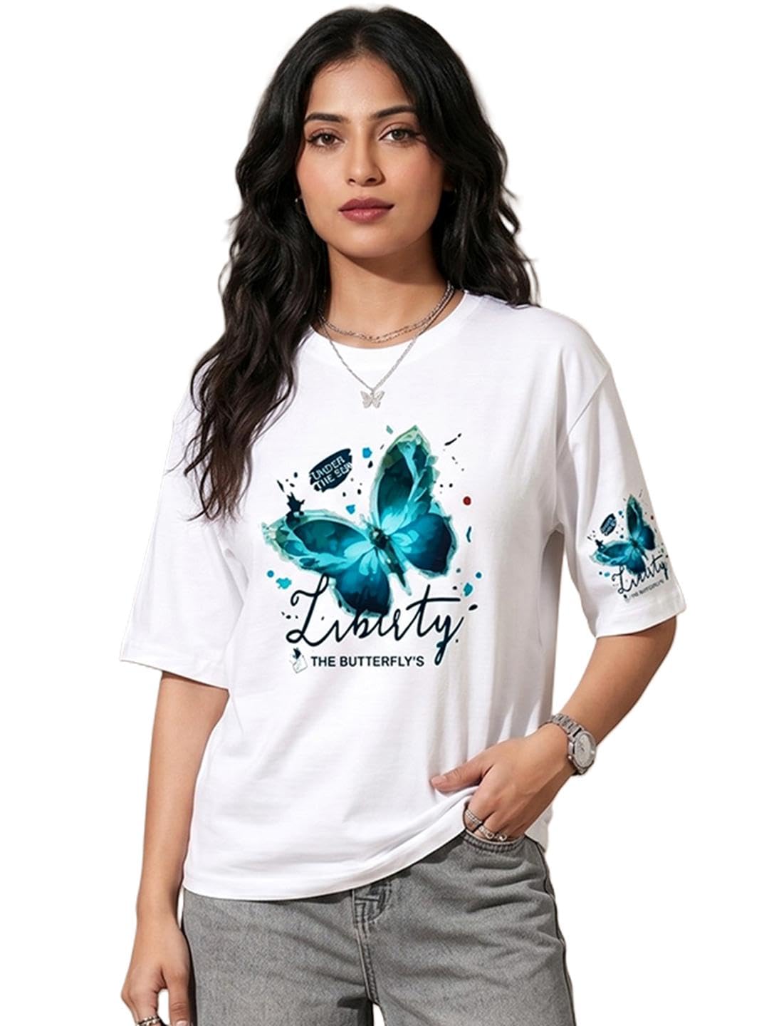 addyvero Women Graphic Floral Butterfly Print Oversized T-Shirt-picture-39