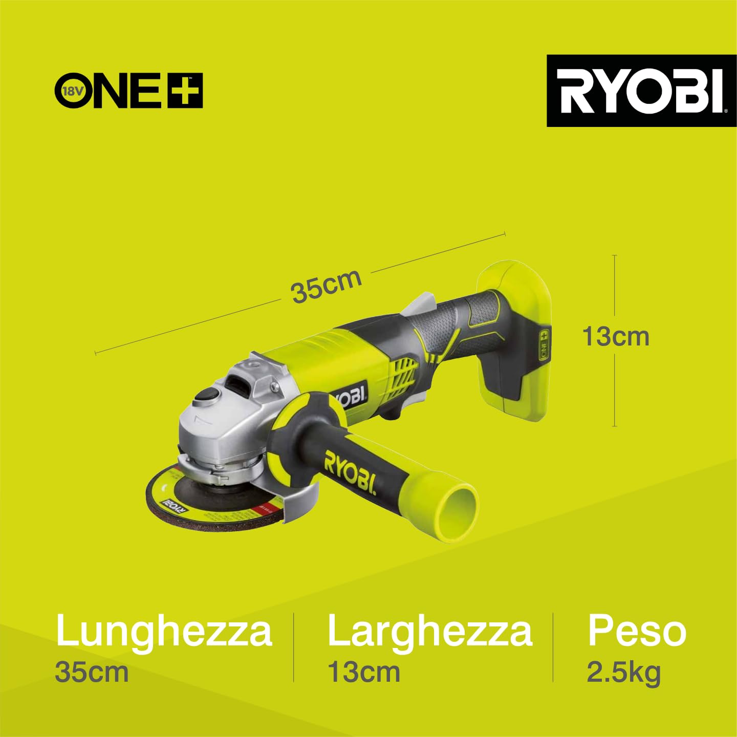 Ryobi R18AG-0 Smerigliatrice Angolare a Batteria 18V ONE+, con Doppio Interruttore di Sicurezza, Carter Regolabile, Batteria Non Inclusa, Diametro Disco 115mm