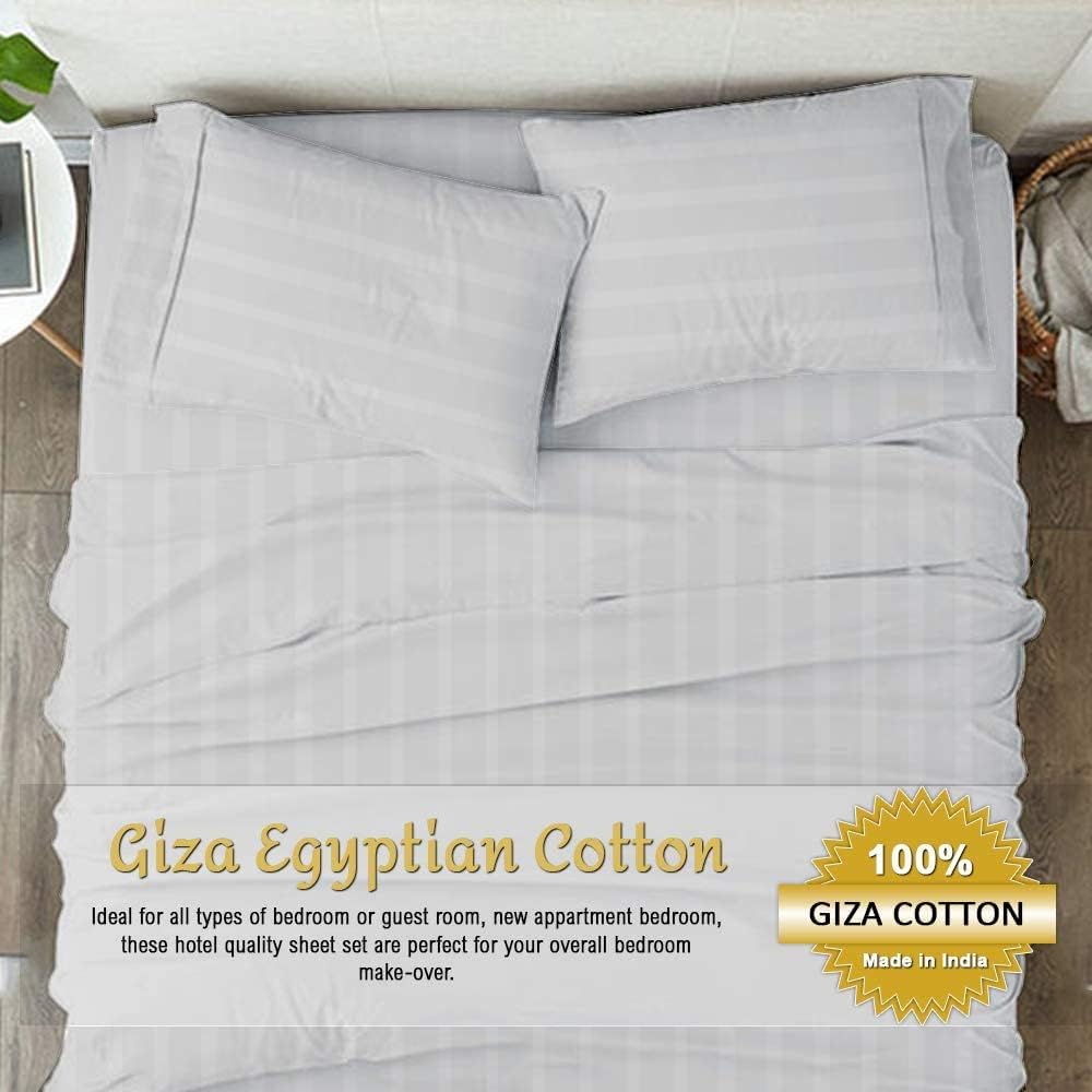 100% Giza Egyptian Cotton King Sheet Set 4 Piece, Sateen Weave Bed Sheets, Ultra Soft, 16" Deep Pockets with All Around Elastic for a Snug Fit, Luxury King Size Bedding, Light Grey Stripe