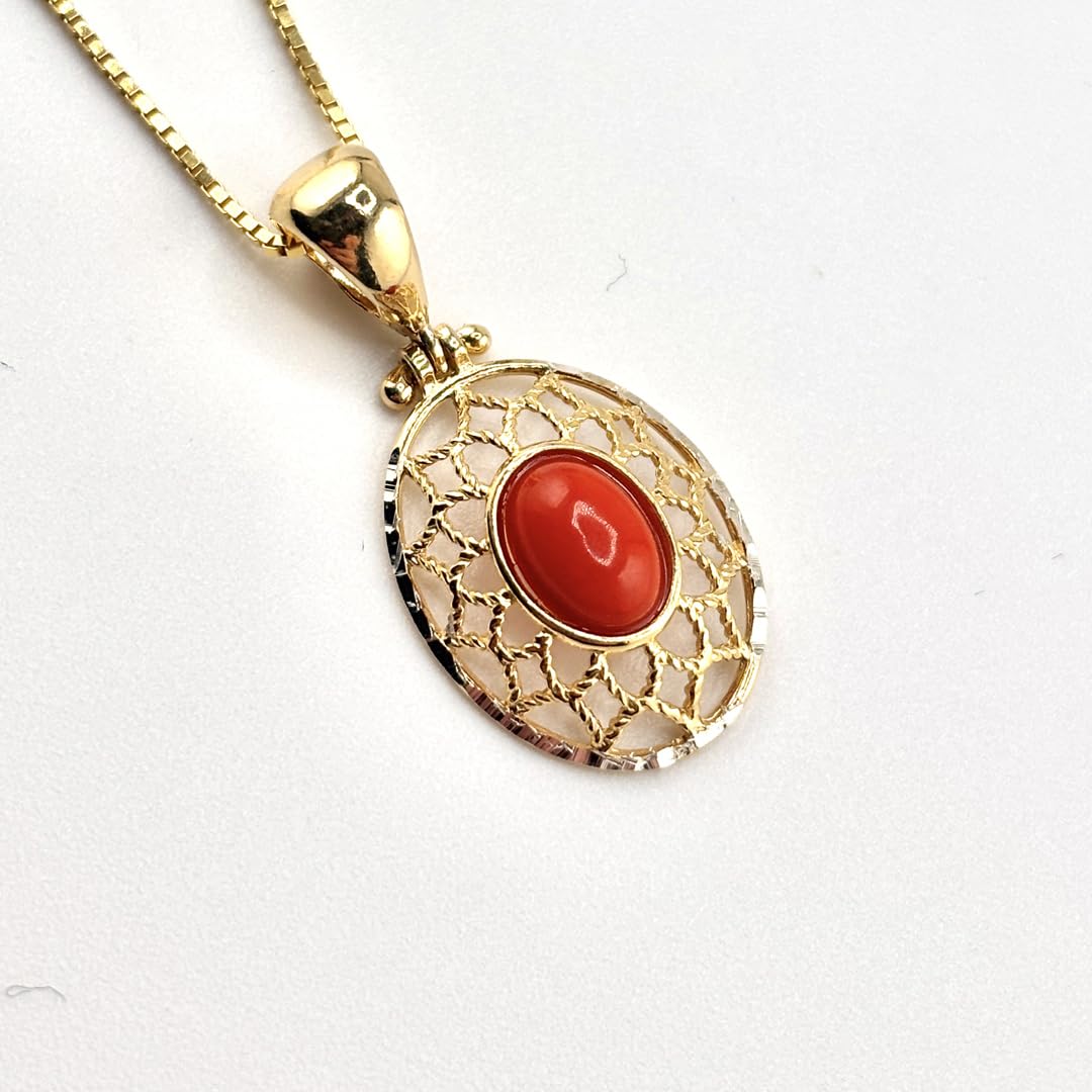 Ciondolo elegante in argento 925 dorato filigrana con corallo rosso naturale del Mediterraneo catenina veneziana 45 cm gioiello donna ragazza elegante artigianale