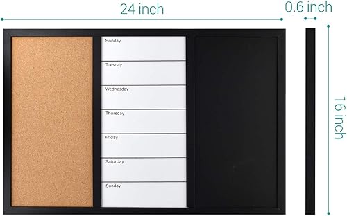Miniatura 6 de Navaris Pizarra combinada de corchopizarra blancapizarra  16 x 24 pulgadas Combo de boletines magnéticos de borrado en seco, pizarra de tiza semanal