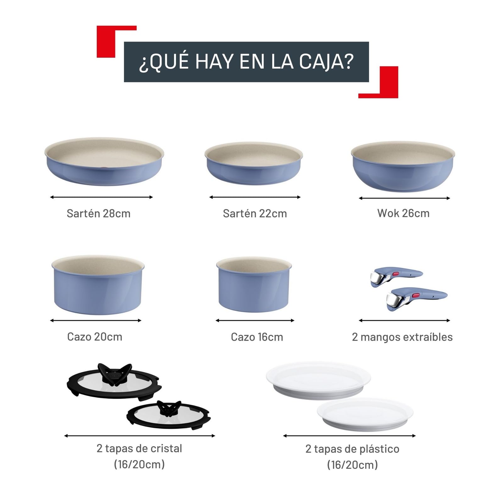 Tefal Ingenio Serenity - Juego de 2 Sartenes 22/28 cm + Wok 26 cm + 2 Cazos 16/20 cm + 4 Accesorios + 2 Mangos, Revestimiento Antiadherente, Apilable, Inducción, Apto lavavajillas y horno, Azul