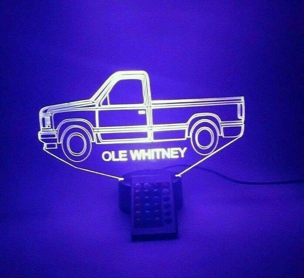 MIRROR MANIA Pick Up Truck Cab and Open Back Design Engraved Personalized Night Light Up 16 Colors and Strobe Table Desk Lamp LED with Remote. Made in CT, USA