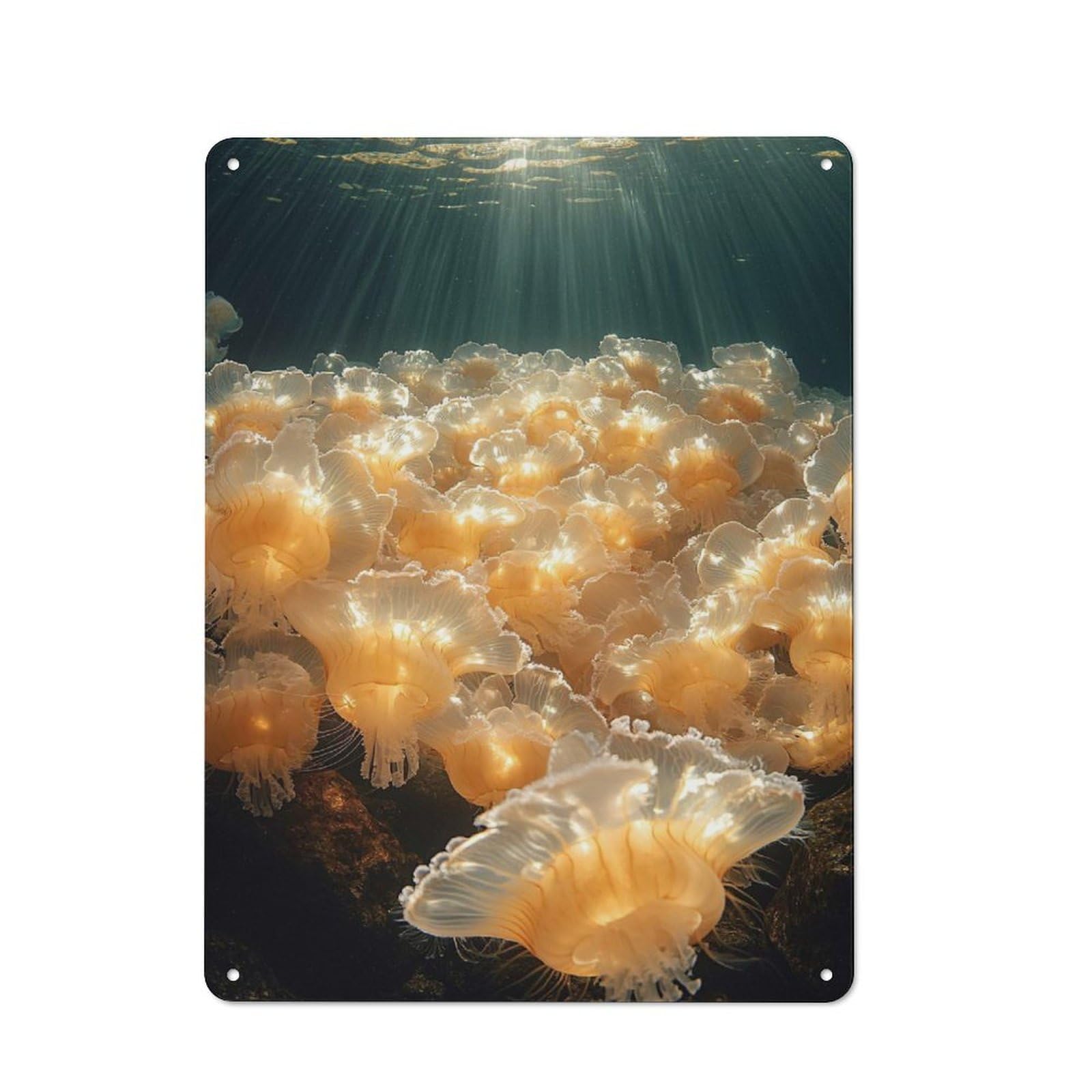 Nostalgic Underwater Jellyfish Bloom with Sun Rays Decorative Tin Sign 40x30cm, Vintage Wall Decor for Lounge, Study, Pub Or Wall Gallery