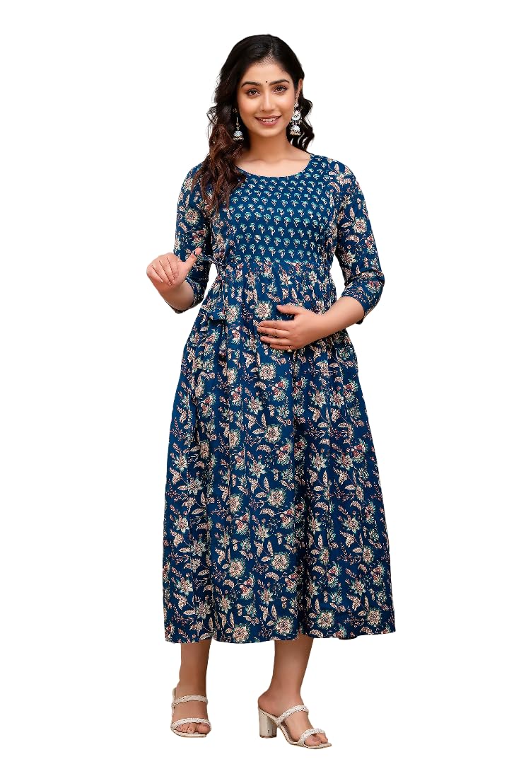 valvet & vine Women's Cotton Maternity Floral Printed Stylisyh Feeding Kurti, Comfortable Cotton Maternity Dresses for Womens, 3/4 Sleeves, for Pregnancy, Nursing-picture-43