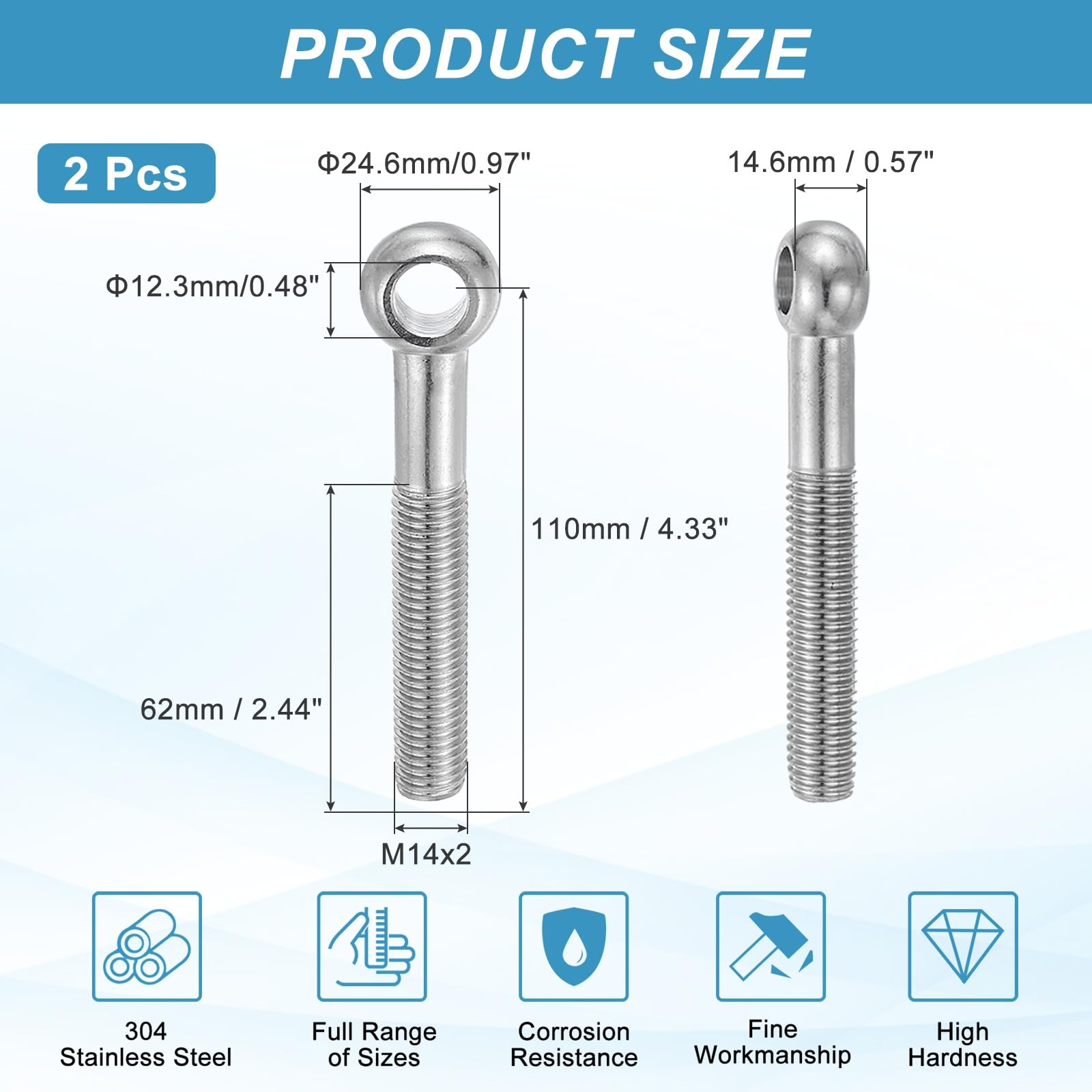 PATIKIL 2 Pcs M14x110mm Shoulder Swing Lifting Eye Bolt, 304 Stainless Steel Metric Half Tooth Thread Fisheye Eye Slip Hole Screw Rigging Bolt Metal Fasteners Screws, Silver Tone - Image 2