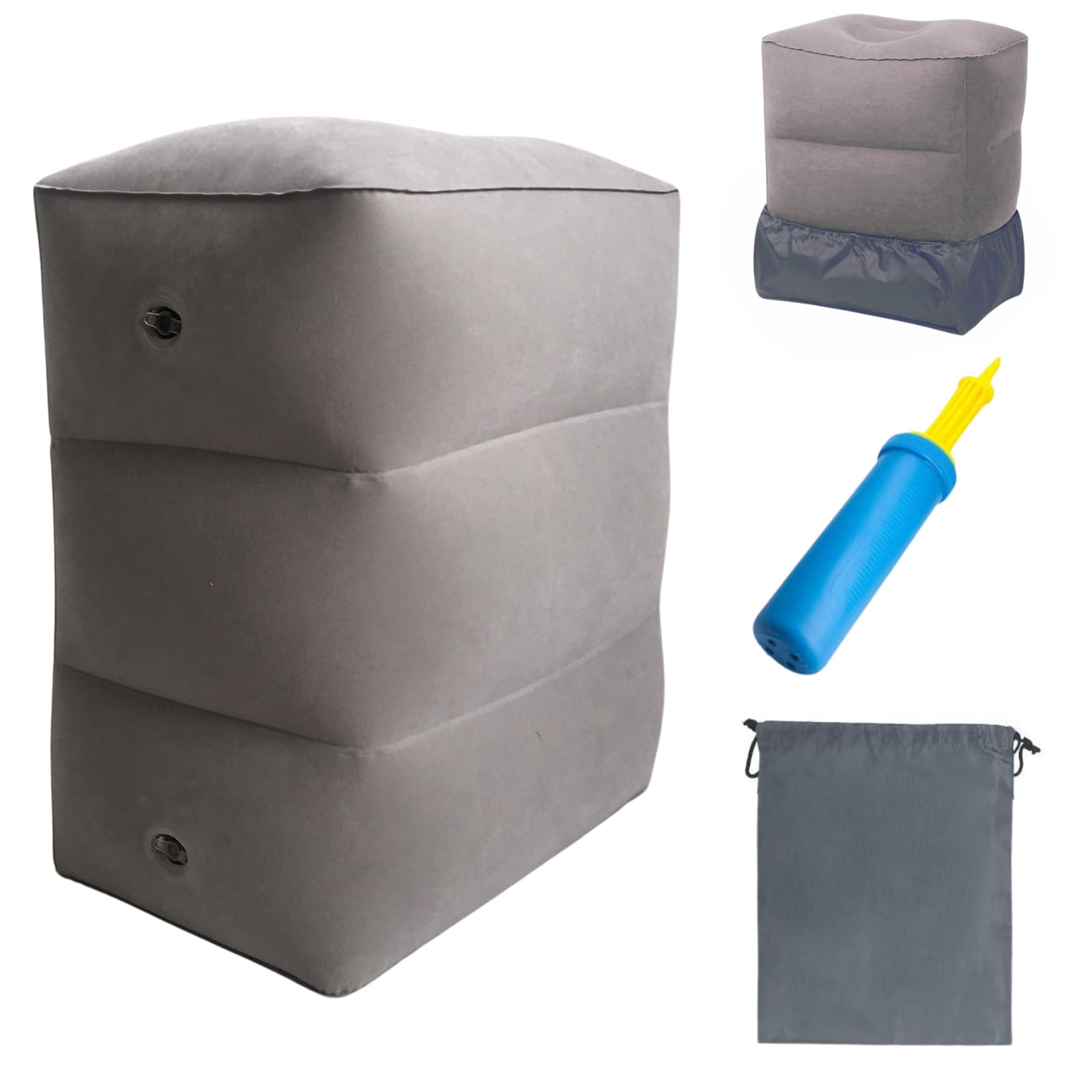 Inflatable Travel Foot Rest Pillow. Three Layer Adjustable Height, Portable, Comfortable, Toddlers & Kids flight Bed, Elevating & Ergonomic Leg Rest for Adults with Dust Cover & Inflating Pump (Light Grey)
