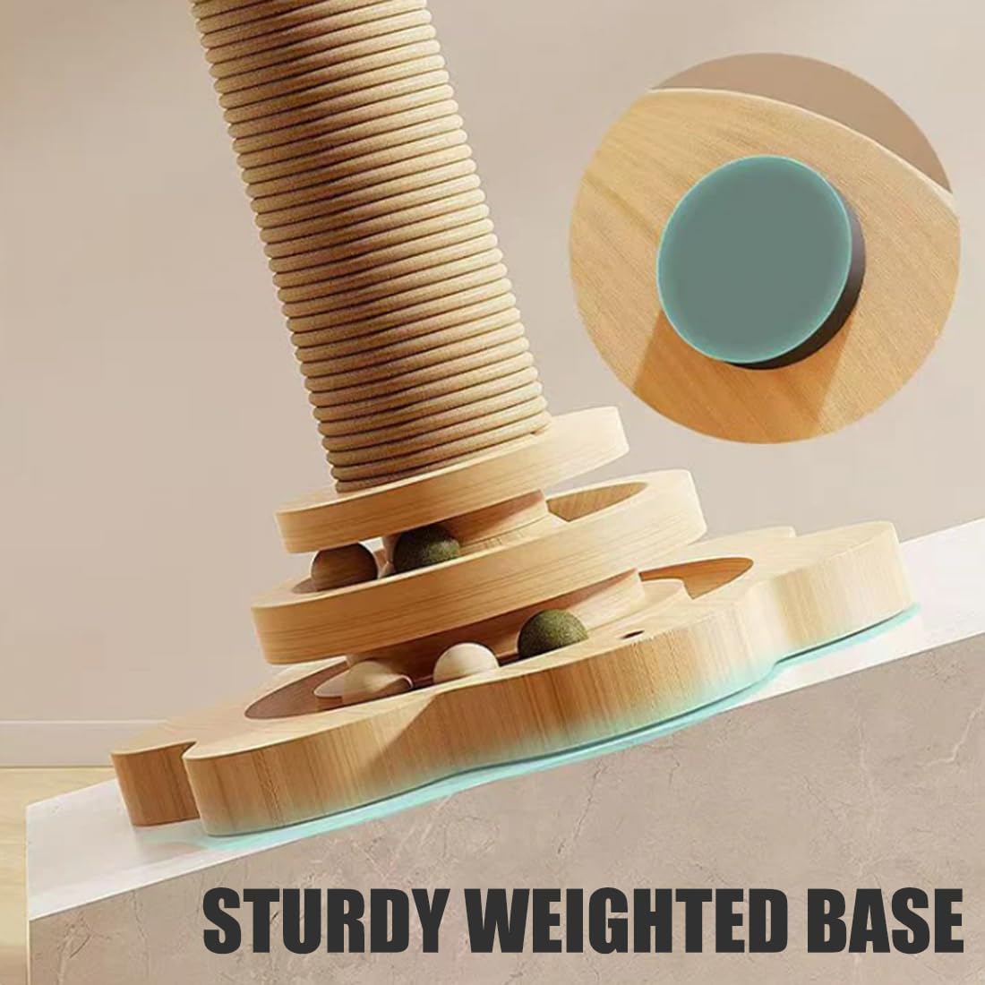 Rascador para Gatos de Sisal Natural, Juguete Interactivo 4 en 1 para Gatitos con Circuito de Bolas y Varita de Plumas, Árbol Rascador de Madera Estable para Pisos y Espacios (46CM,MDF Version)