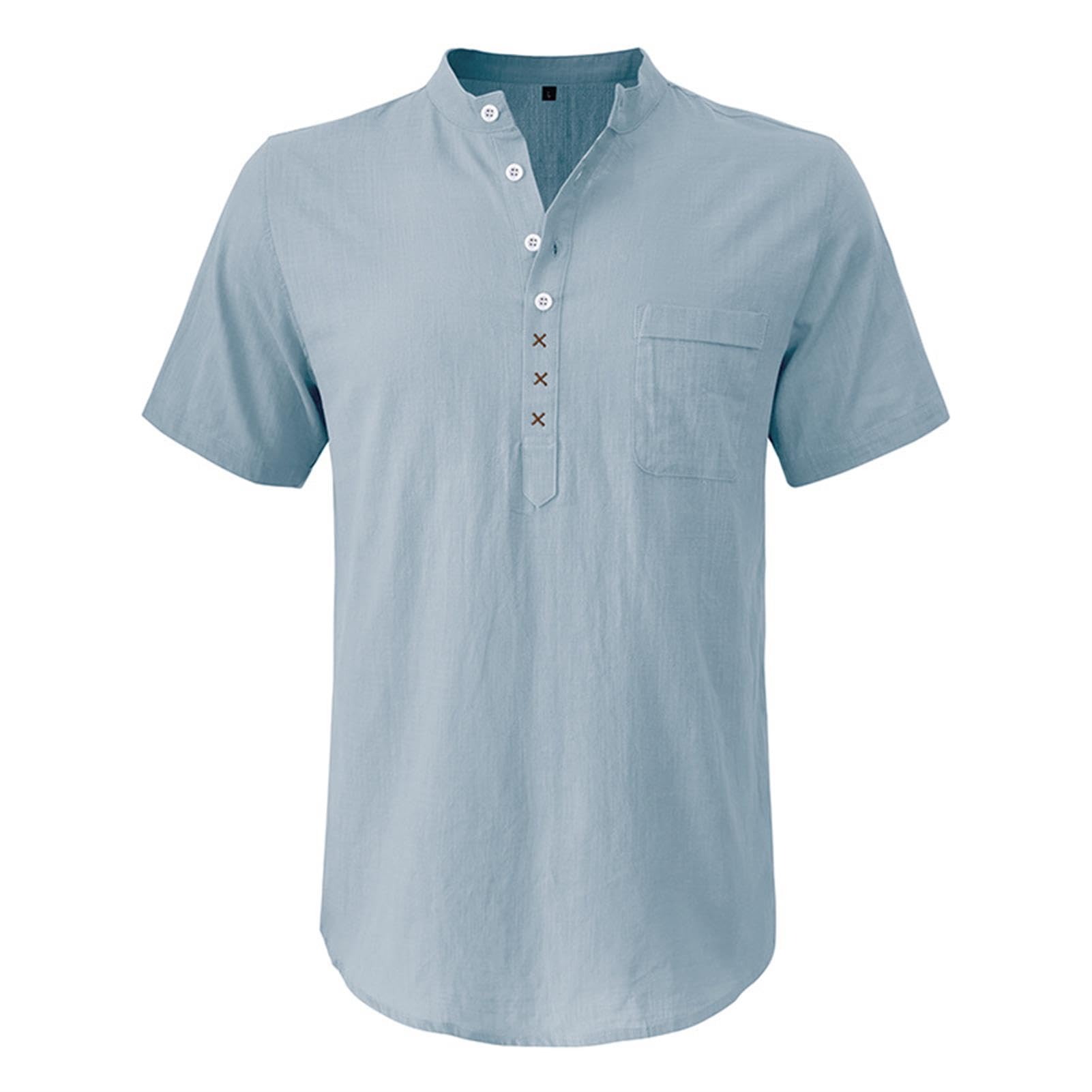 hixswnu Männer Leinen Kurzarm Shirt Casual Beach Shirts Henley T-Shirt Band Kragen Urlaub Tops mit Tasche
