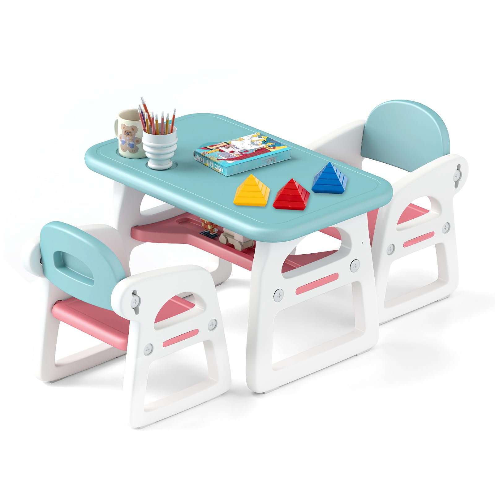 HONEY JOY Kids Table and Chair Set, Plastic Children Activity Table and 2 Chairs w/Building Blocks, Storage, for Art Craft, Toddler Table and Chair