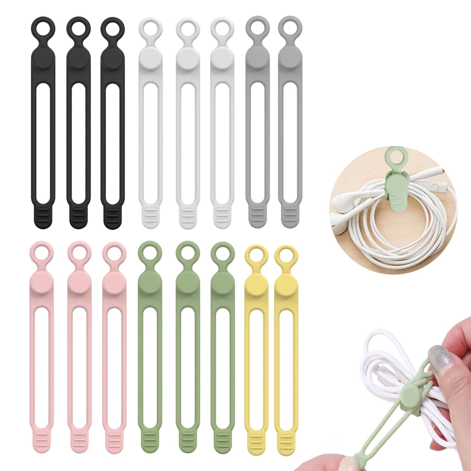 Kutke 16 Pcs Reusable Silicone Cable Ties Reusable Cable Organiser Clips,Silicone Cable Ties,Data Cable Organiser Or Bundling And Fastening Earphone, Phone Charger(6 Colors)