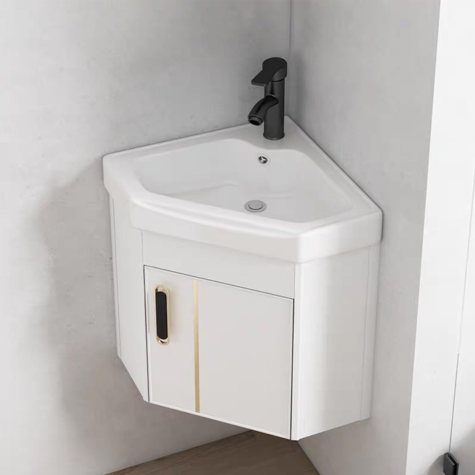 Narożna szafka łazienkowa pod umywalkę, do montażu na ścianie, praktyczna umywalka ceramiczna, mała narożna szafka łazienkowa z umywalką, szafka łazienkowa do małej przestrzeni, 38 cm / 15