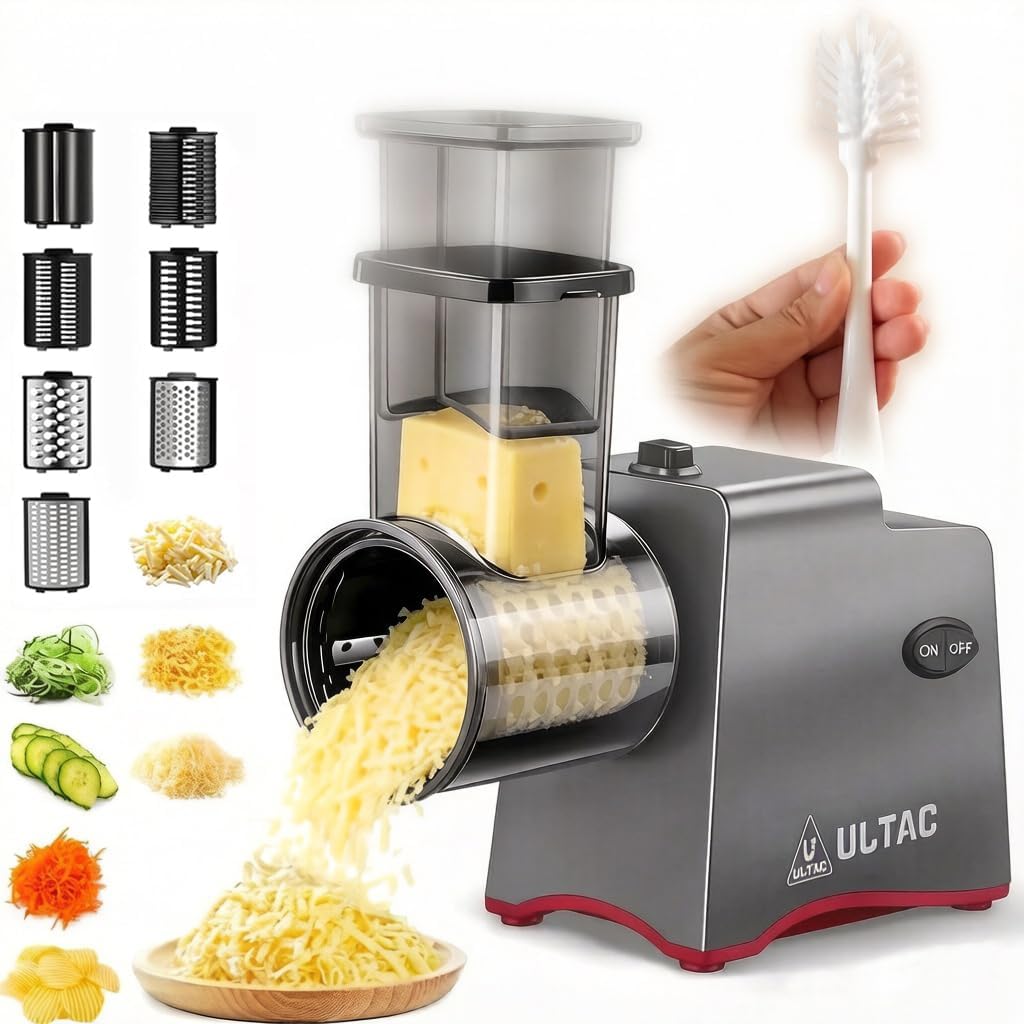 Cheese Grater Electric, Electric Grater 250W for Block Cheese with 7 Different Blades, Electric Cheese Shredder, Electric Salad Maker with Cleaning Brush for Fruits, Vegetables