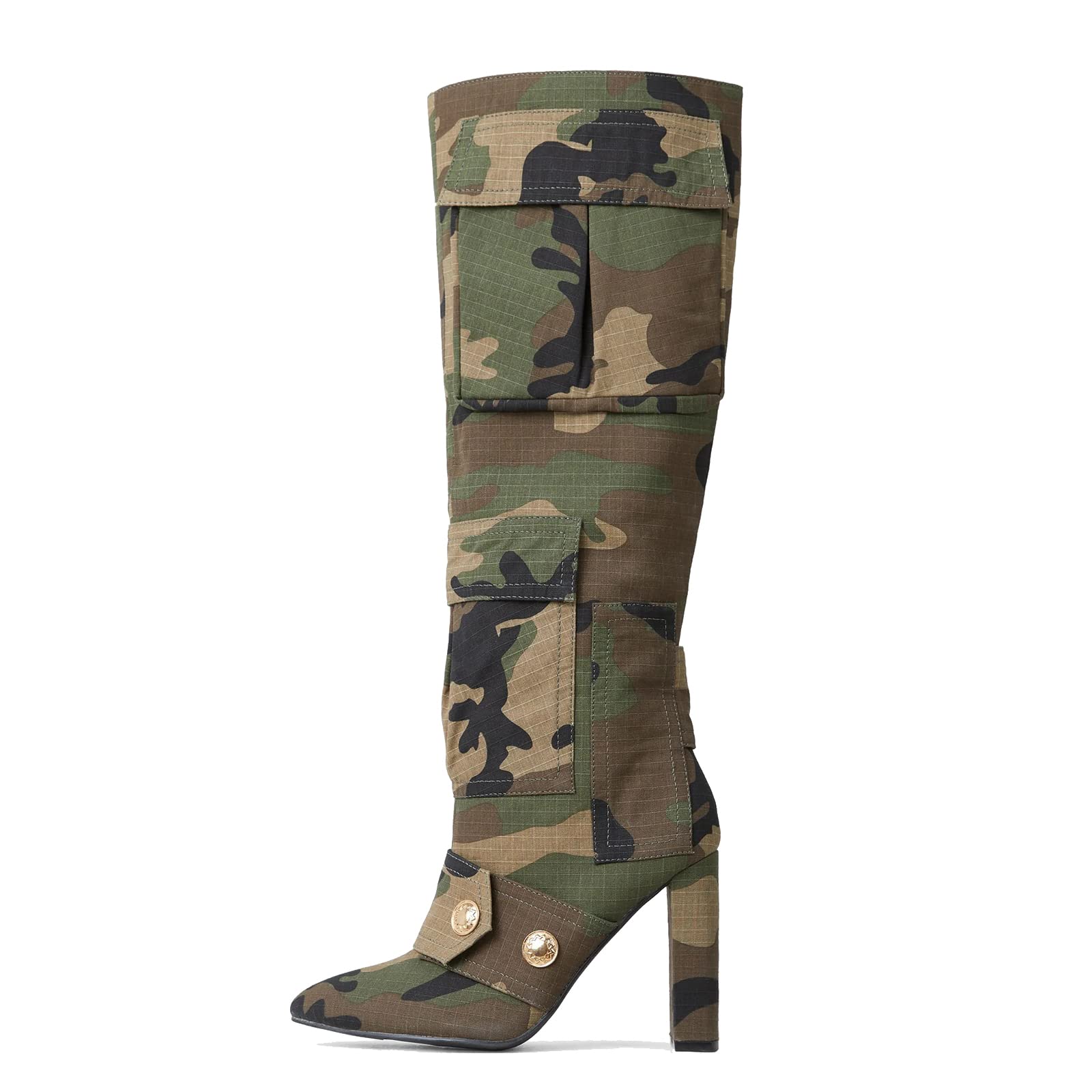 Arqa Womens Camo Knee High Boots Pointed Toe Block Heel Camouflage Boot with Metal Buttons Multiple Pockets Boot