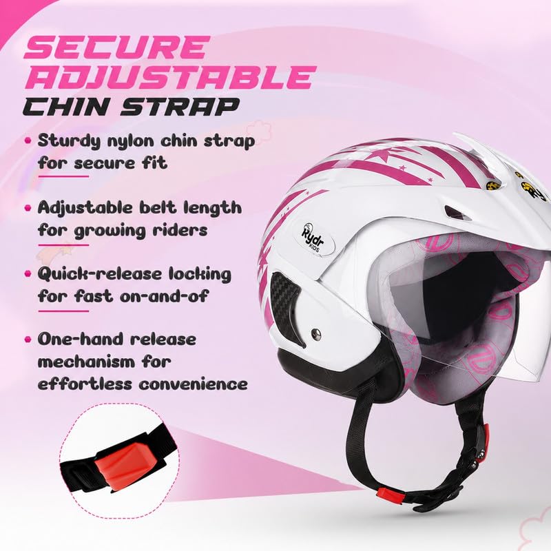 Image of Rydrkids Star S-Peak Nova Pink Kids Motorcycle Helmet with Visor & Peak - Size S 3 to 7 Years, Lightweight & Adjustable Safety Helmet for Girls