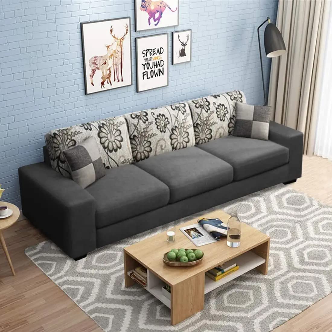 FURNY Berlando 3 Seater Fabric Sofa Set (Dark Grey)