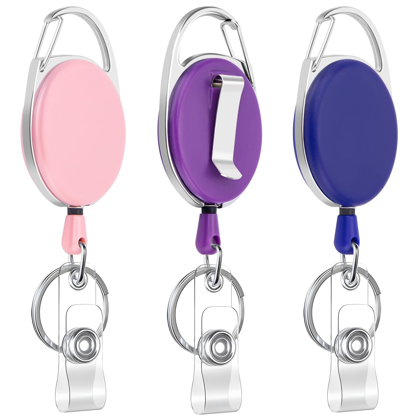 JEFURE 3pcs Retractable Badge Reel, Badge Holder, Extendable Id Card Holder, Lanyard Clip, Extendable Keyring with Clip, Heavy Duty Keychain, Fob Holder (Pink, Purple, Dark Blue) — image 1