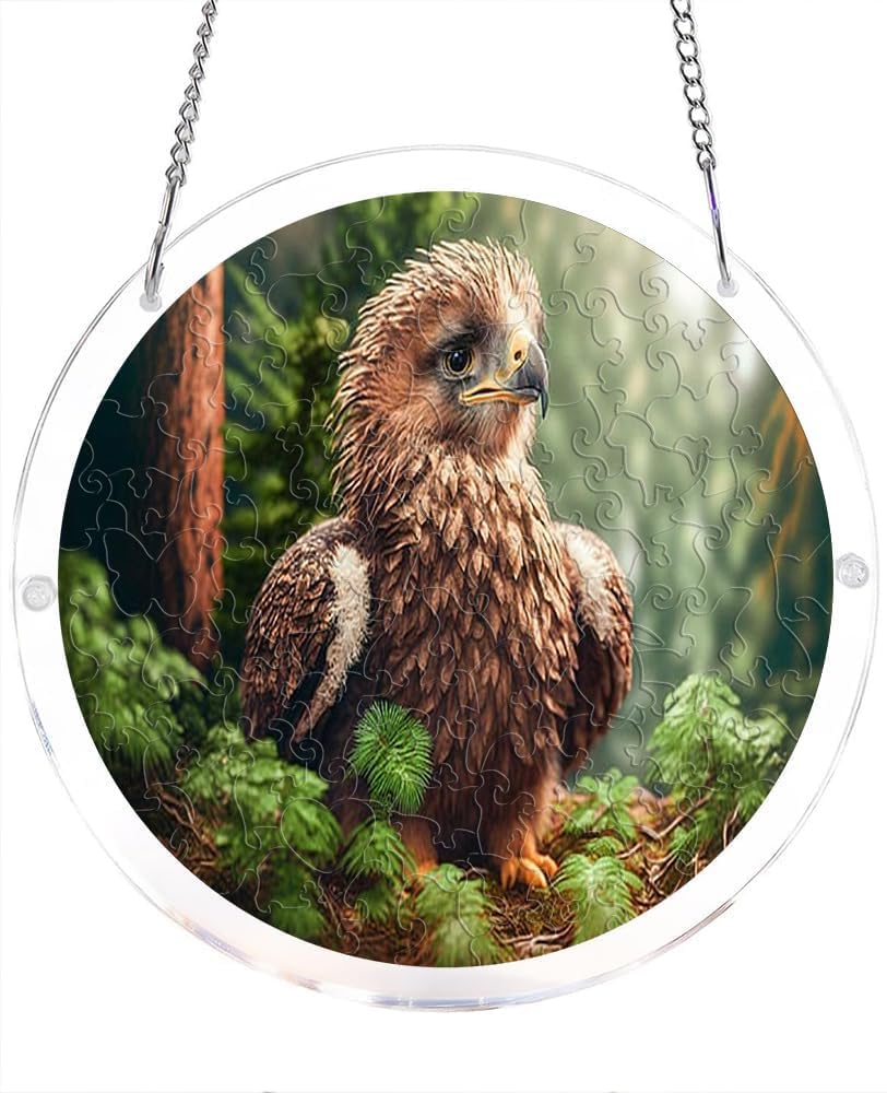 Eagle in Forest Wildlife Acrylic Jigsaw Puzzles Suncatcher, 8.2 Inch Window Hanging Suncatcher Acrylic Puzzle, DIY Home Decor Art Gift