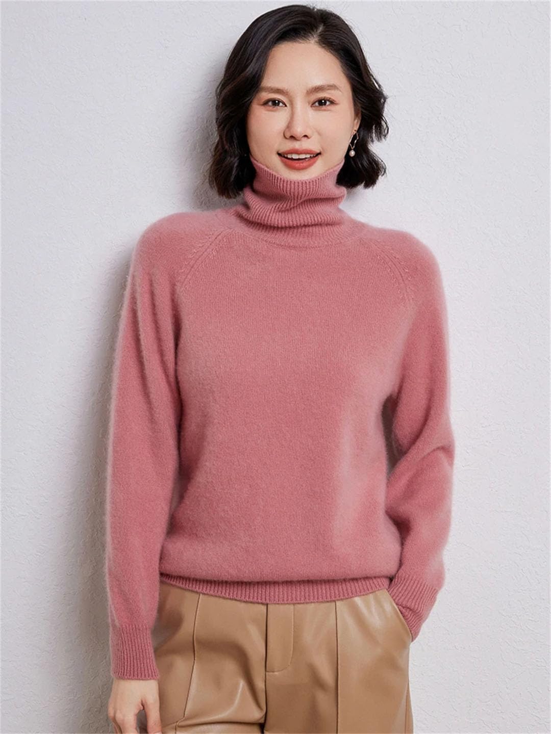 Maglioni da donna in lana tinta unita pullover a maglia spessa maglione a collo alto maglione a maniche lunghe camicie base in lana lavanda S, Lavanda, S