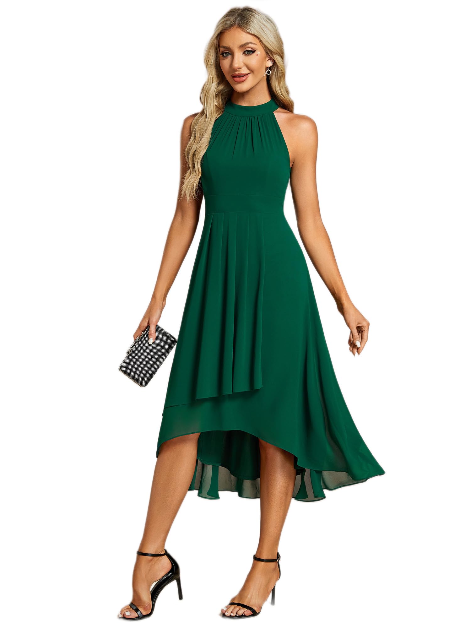 Ever-Pretty Abito Cerimonia Donna Spalle Scoperte Pieghe High Low Senza Maniche Chiffon al Ginocchio Abito da Ospite Orlo Irregolare Comodo EG31926
