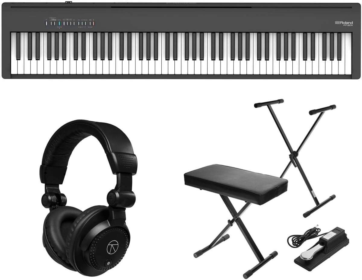 Roland FP-30X 88 Keys SuperNATURAL Portable Digital Piano, Black Bundle with TAPH100 Headphones, Keyboard Stand, Bench, Sustain Pedal