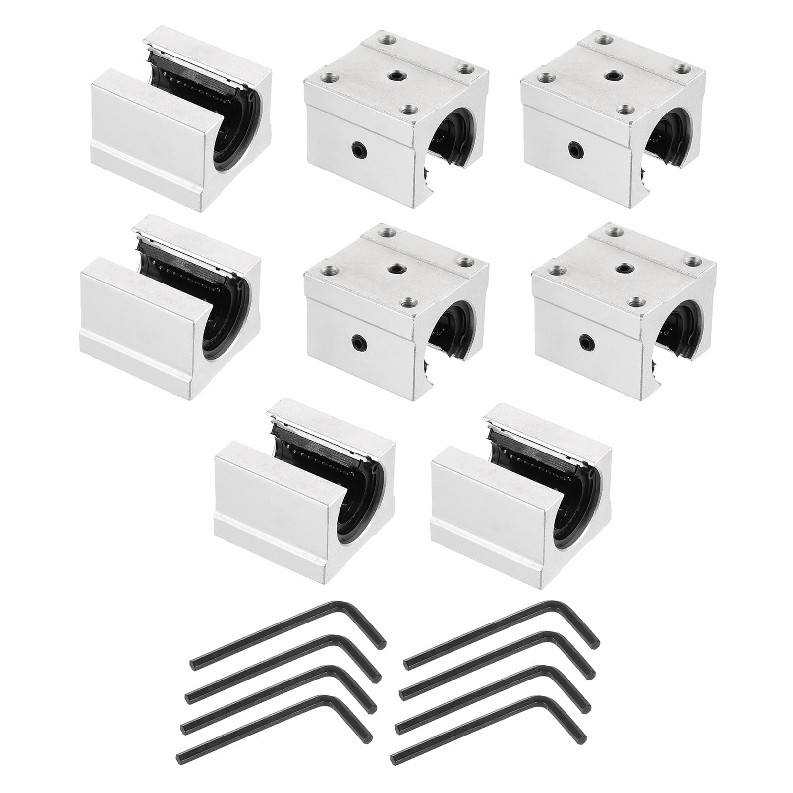sourcing map 8pcs SBR20UU Linear Bearing Block 20mm Open Slide Bearing Long Block for SBR20 Linear Motion Shaft Guides Slide Rails as 3D Printer CNC Router Part, Silver Tone
