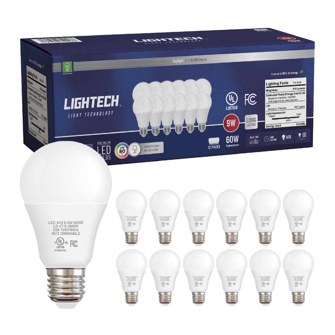 A19 LED Light Bulbs, 12 Pack, 60W Equivalent, 9W Daylight 5000K LED Light Bulb, 810 LM, Bedroom, Living Room, Office, Garage, Daylight LED Light Bulbs, Light Bulbs, Non-Dimmable, E26, UL Listed