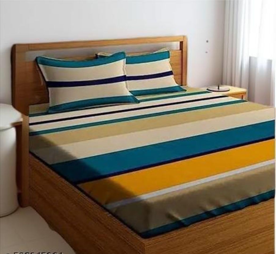 NEW TOWN Cotton Feel Glace Cotton Elastic Fitted Printed King Size Double Bed Bedsheet with 2 Pillow Covers and Fits Upto 8 inches Mattress, Size- 72"x78" Saffro 4398-image-13