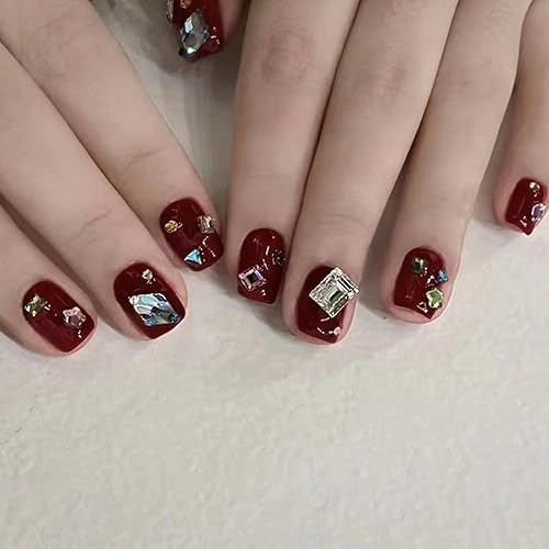 Uñas postizas a presión degradadas con forma de ataúd medianas, uñas postizas con diseños de amorcorazón, color rosa brillante, uñas acrílicas de