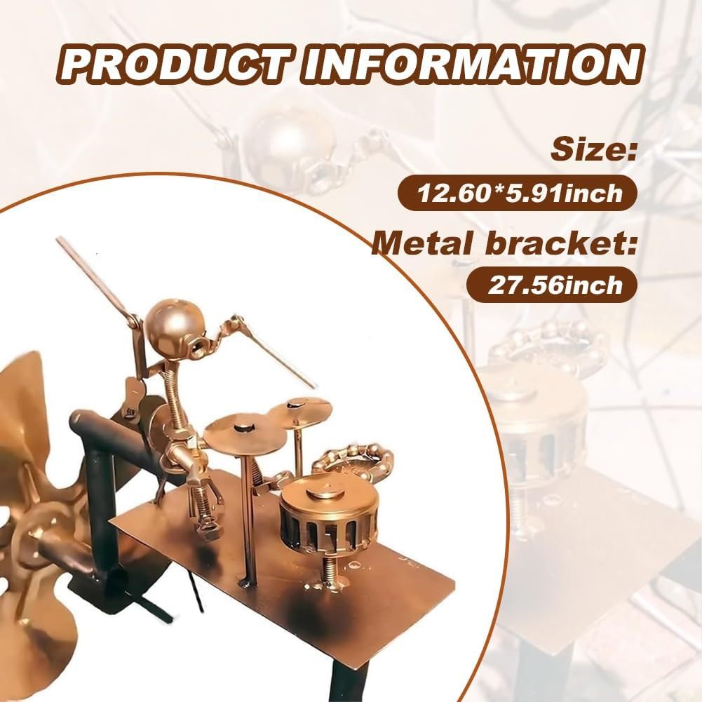 Moulin à vent en métal fait main, sculpture cinétique à énergie éolienne avec roulements, figurines et statues de percussionniste pour jardin, pelouse, patio (oro)