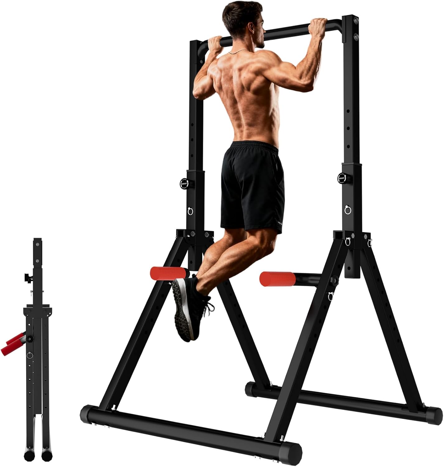 DOBESTS Foldable Power Tower Pull Up Bar Dip Station Adjustable Multifunction Workout Pull Up Tower Station Gym Strength Training Equipment for Home Outdoor, Triangular Legs, Support 700lbs Black Style 2 - Pull Up Bar