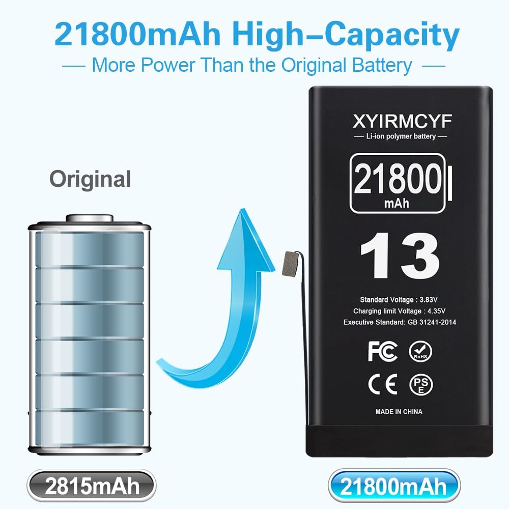 XYIRMCYF 21800mAh Super Capacity Battery Compatible with iPhone 13, 0 Cycle Li-Polymer Replacement Battery for iPhone 13, with Professional Repair Tool Kit
