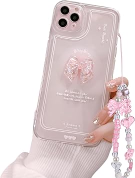 Ownest Compatible with iPhone 11 Pro Case, Cute 3D Pink Bowknot Slim Clear Aesthetic Design Women Girls Sparkly Protective Phone Cases for iPhone 11 Pro + Glitter Crystal Chain