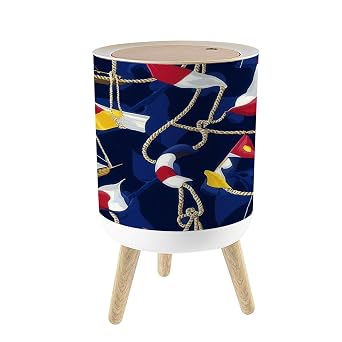 Small Trash Can with Lid Navy Flags Ropes Blue Seamless Nautical Style for 1.8 Gallon/7L Garbage Can Waste Bin with Press Top Lid Legs Waste Basket for Bathroom Kitchen Bedroom