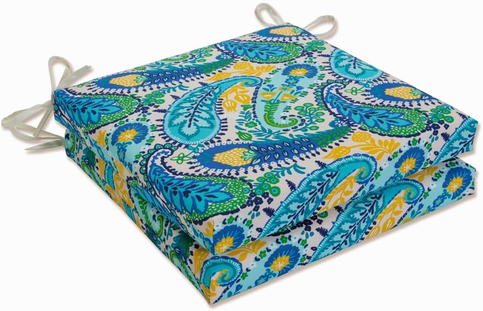 Pillow Perfect Paisley Indoor/Outdoor Square Corner Chair Seat Cushion with Ties, Plush Fiber Fill, Weather, and Fade Resistant, 20" x 20", Blue/Green Amalia, 2 Count
