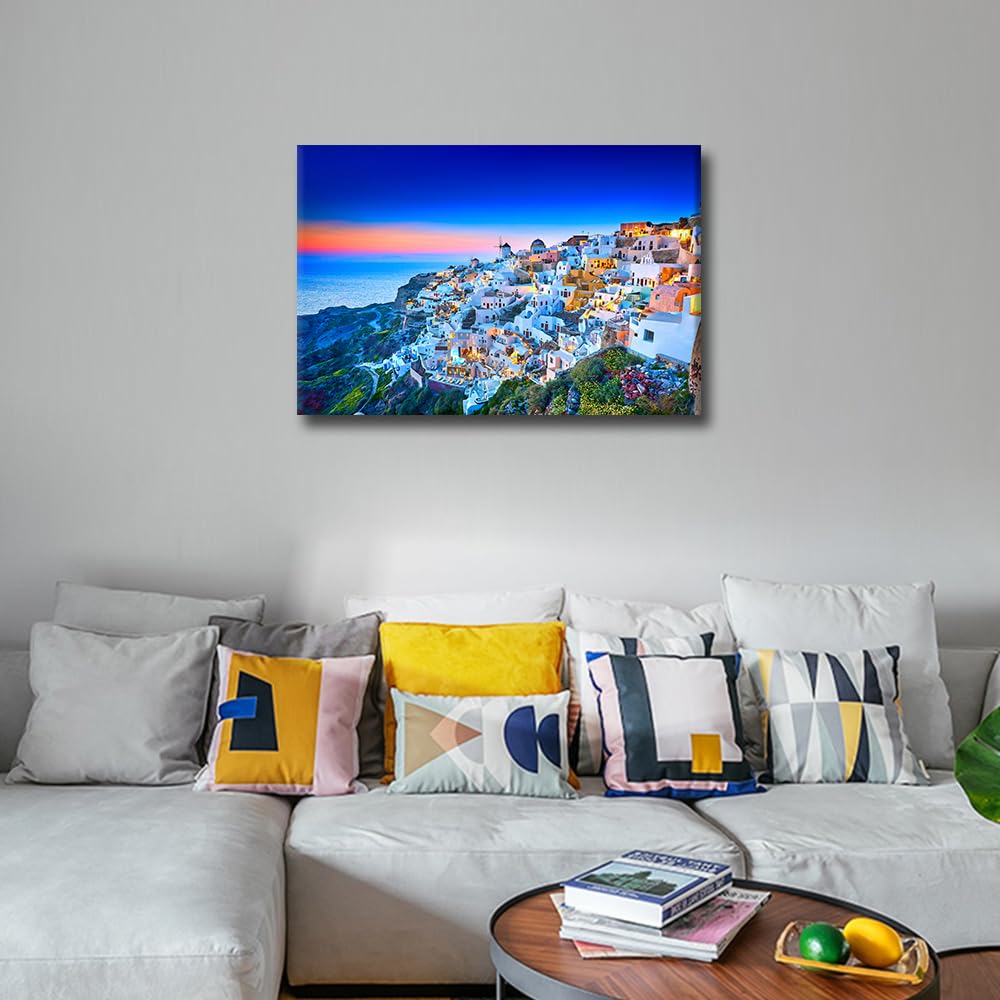 TISHIRON Europe Greece Wall Decor Santorini Island Skyline Canvas Wall Art Sunset Seaside Modern Artwork for Office Picture Print on Canvas Wall Decorations Framed Ready to Hang for Bedroom 24x16in - Image 4