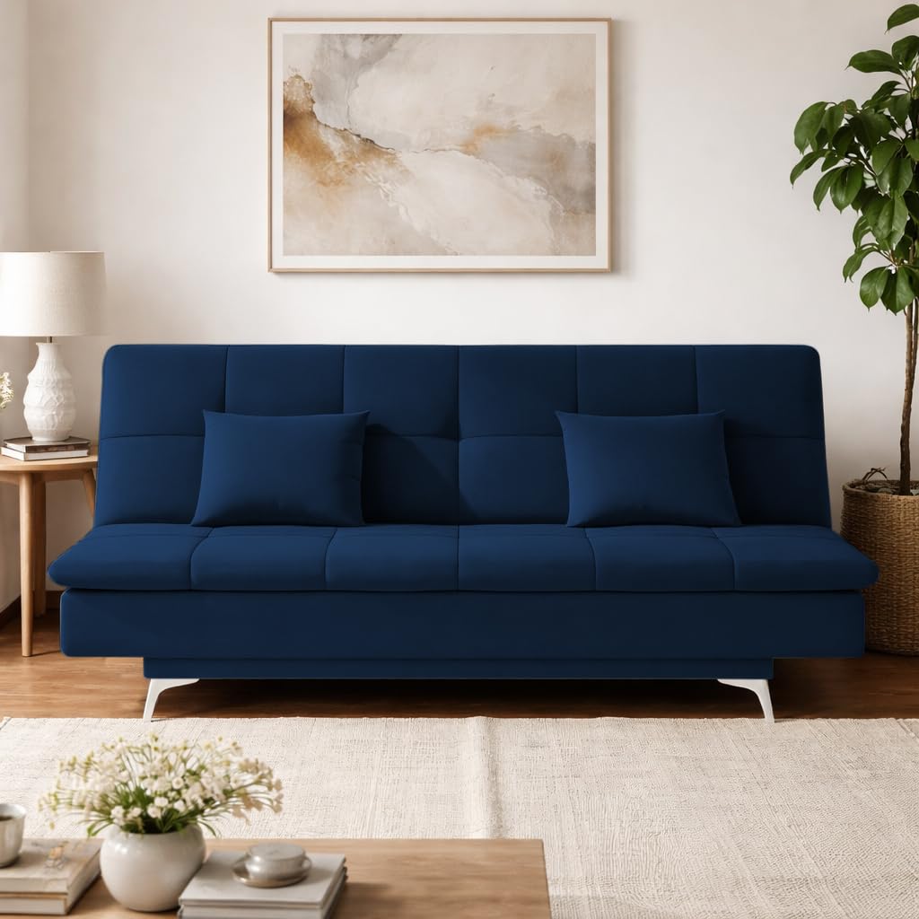 Adorn India Premium New Aspen 3 Seater Sofa Cum Bed 4X6 Velvet Suede with 2 Cushions (Color Blue) and Suitable for All Indoor, with 3 Years Warranty