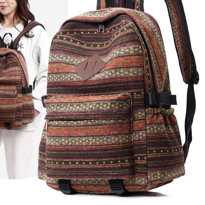 Fashionable Bohemian Canvas Backpack - Large Capacity Tribal Print Women's Travel and Hiking Bag, Cute and Retro (Khaki)3