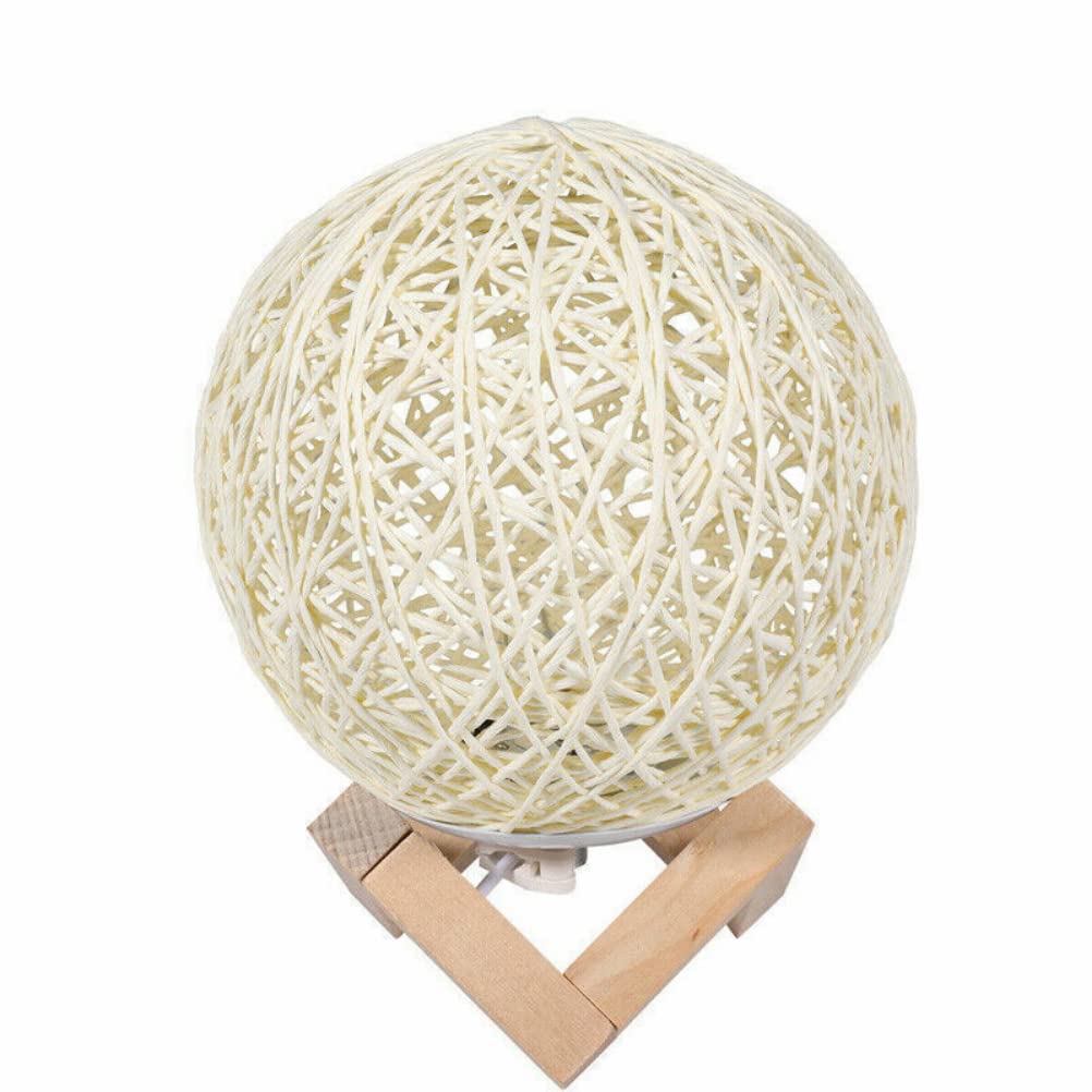 anso Rattan Ball LED Table Desk Bedside Night Light with Base Lamp Home Bedroom Multicoloured (Beige)