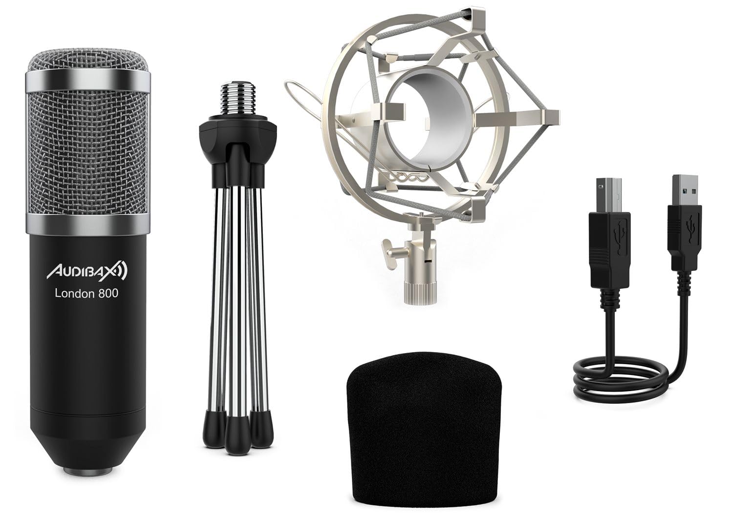 Audibax London 800 USB Silver Pack Micrófono USB Pack para Podcast/Grabación/Gamers Pack