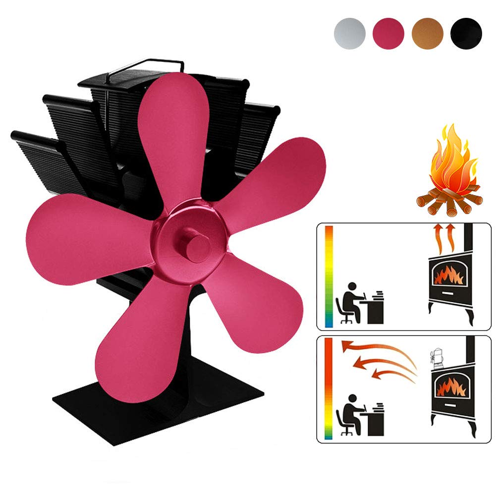 Ventilatore da Forno Senza Corrente Silenzioso 5 Fogli con Regolazione Automatica del Vento per Bruciatori in Legno/camino, Ecologica, Alimentata a Calore, 135x103x197mm,Rosered