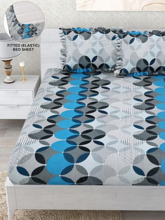 Image of 380 TC Premium Glace Cotton Elastic Fitted Bedsheet King Size with 2 Pillow Covers King Size | Double Bed with All Around Elastic (Blue&Gray), Fitted - 72 inchx78 inch King