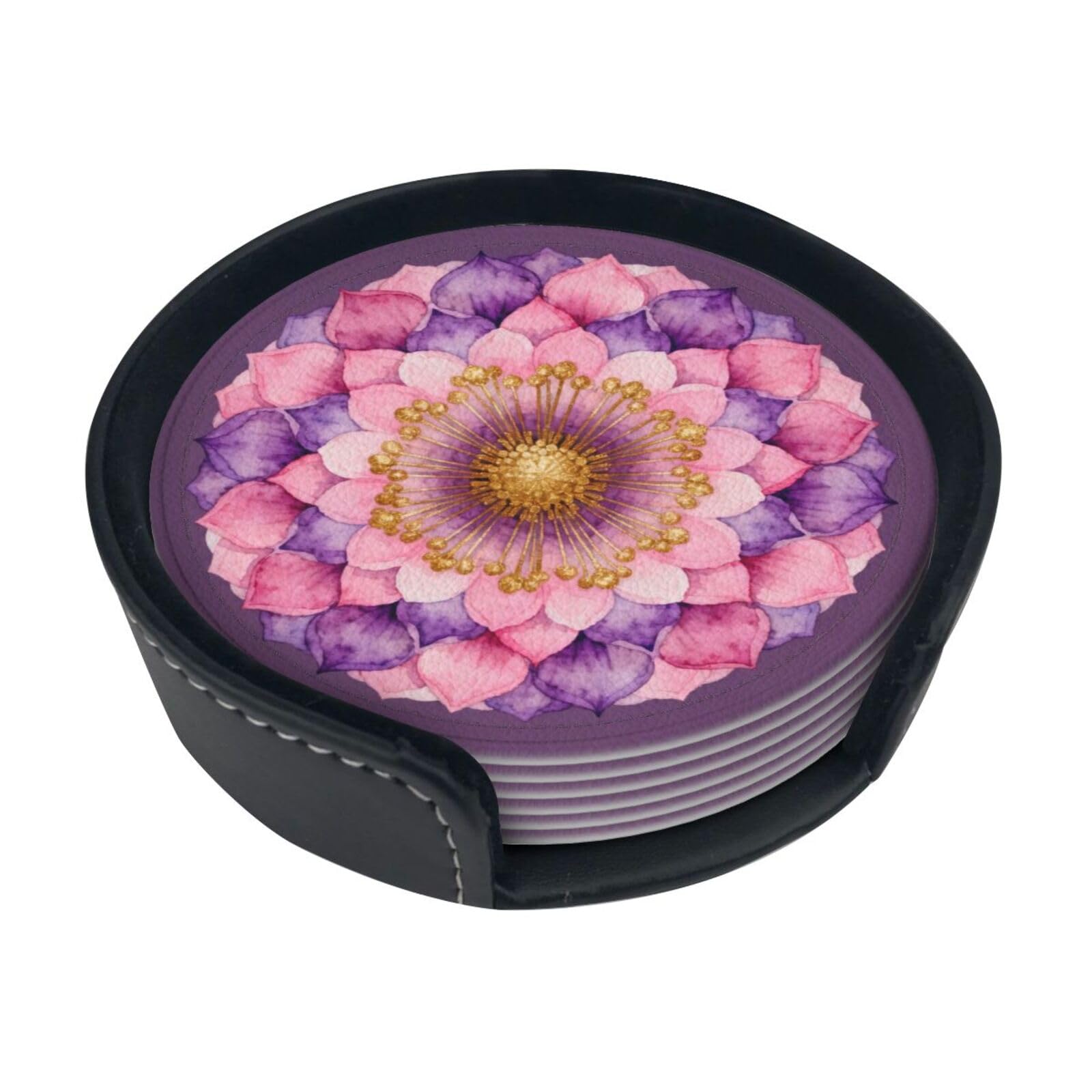 Cntdbu White Mandala Circle Pink Leather Coasters Set Of 6-Pu Leather Drink Mats For Table, Heat Resistant Round Coasters With Holder
