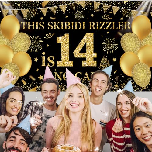Image of Black Gold This Skibidi Rizzler is 14 No Cap Happy Birthday Backdrop Banner Photography Background Decorations for Boys Girls 14th Year Bday Party Accessories Supplies 72.8 * 43.3in